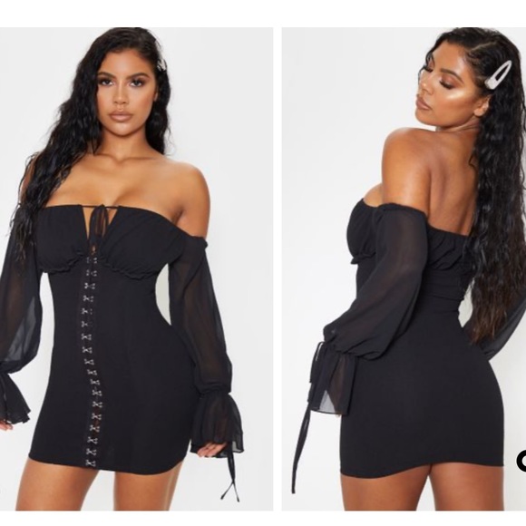 Black Chiffon Sleeve Hook Eye Bodycon 